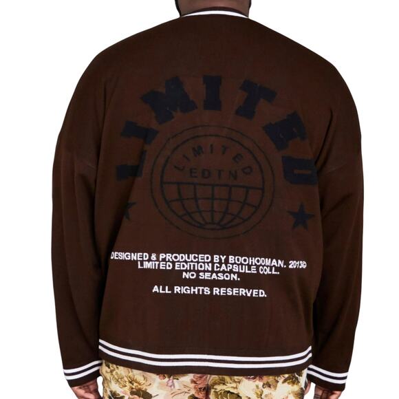 boohoo Man Limited Edition Brown Letterman Button Down Cardigan Sweater Size  XS - Picture 2 of 9